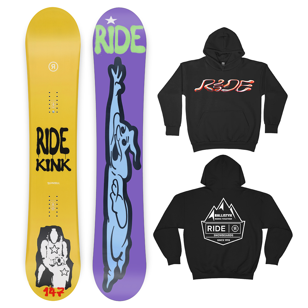 RIDE KINK 2024 SNOWBOARD W/LIMITED EDITION RIDE X BALLISTYX HOODIE