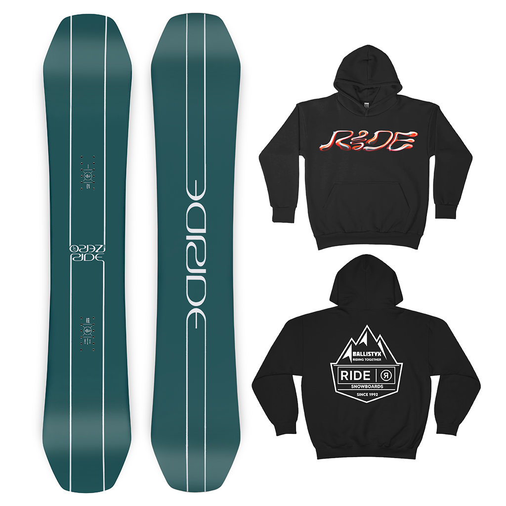RIDE ZERO 2024 SNOWBOARD W/LIMITED EDITION RIDE X BALLISTYX HOODIE